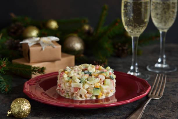 istock New Year's holiday salad with crab and corn on the table. Horizontal focus. 1193754123