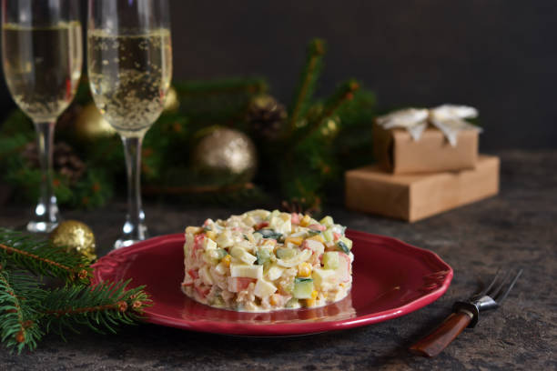 istock New Year's holiday salad with crab and corn on the table. Horizontal focus. 1193754132