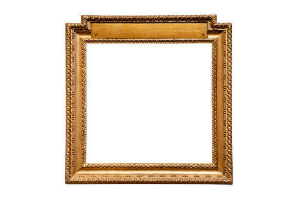 vintage wood picture round frame front view detail of square gold wood vintage frame isolated on white background with blank postament square shape photos stock pictures, royalty-free photos & images