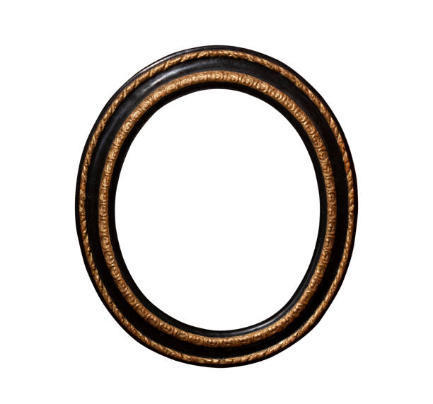 vintage wood picture round frame front view detail of round black and gold wood vintage frame isolated on white background ellipse photos stock pictures, royalty-free photos & images