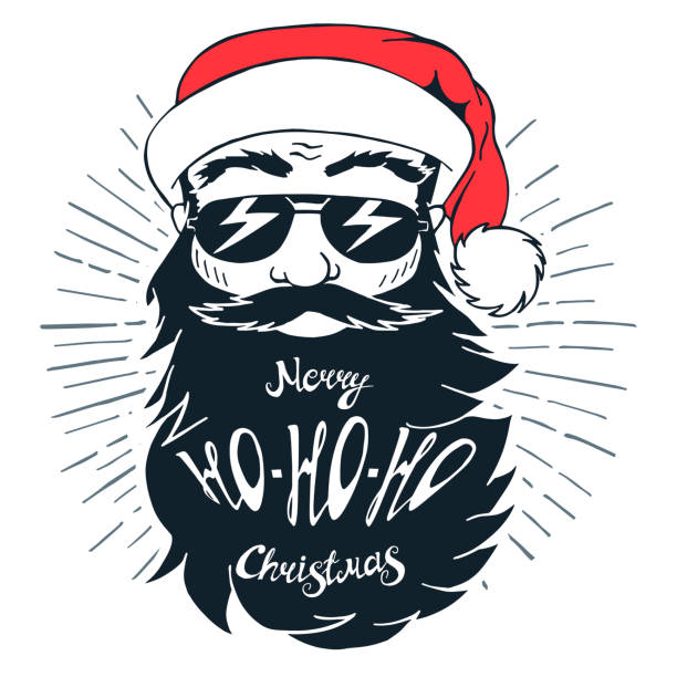 ilustracja z brodatym mężczyzną z mikołajowym kapeluszem i napisem "merry ho-ho-ho christmas". - santa claus christmas glasses mustache stock illustrations