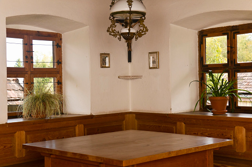 Windows in a dining area of an old German farmhouse