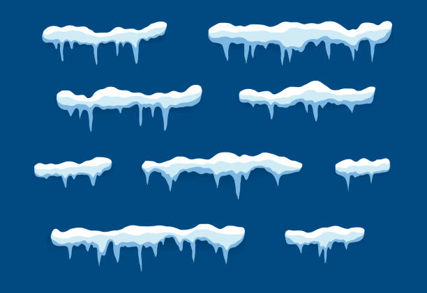 스노우 캡, 겨울 표류. 냉동 고드름, 지붕에 눈덩이. 플랫 스타일의 냉동 눈 효과. 크리스마스 눈 장식 만화입니다. 서리, 스노우 캡 탑. 격리 된 배경에 아이스 캡 프레임입니다. 벡터 - icicle ice textured arctic stock illustrations
