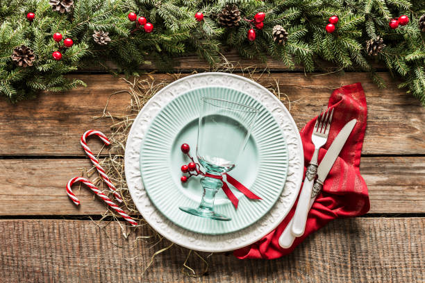 istock Rustic christmas wooden table setting design with natural decorations 1193761960