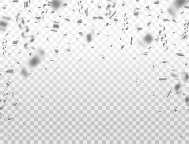 Vector illustration of Silver confetti on transparent background. Falling shiny silver confetti and pieces of serpentine. Bright festive tinsel. Birthday decoration. Holiday party design elements. Vector illustration