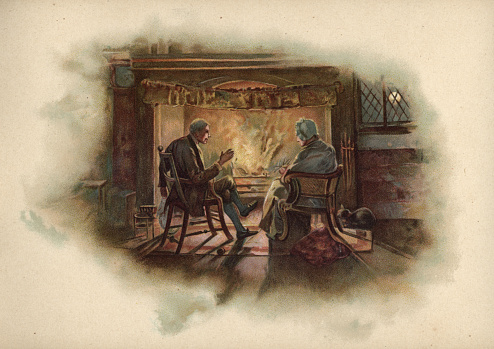 Vintage colour engraving of Victorian senior couple sat by a warm fire on a cold winter evening, 19th Century