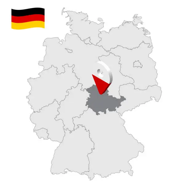 Vector illustration of Location of  Thuringia on map Federal Republic of Germany. 3d Thuringia location sign similar to the flag of Thuringia. Quality map of Germany with regions. EPS10.