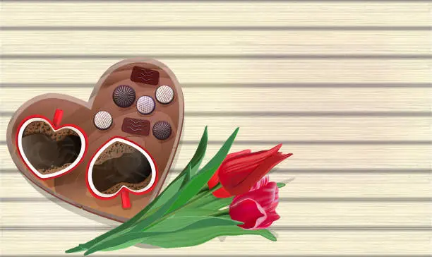 Vector illustration of Valentine's day, a top view of the countertop, hot coffee cups and a wooden heart-shaped tray, candy and red flowers. Vector illustration in light colors with space for greeting text.