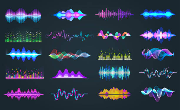 Set of isolated audio equalizer or voice frequency Set of isolated audio equalizer or voice frequency, sound waves or music spectrum. Bar soundwave for hud design. Music and musical signal, recorder and studio, recorder and digital theme sound wave stock illustrations
