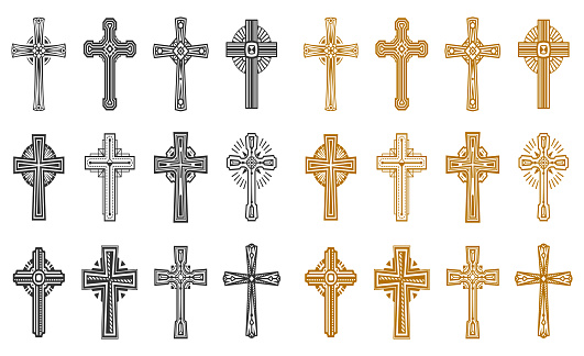 Set of isolated black and yellow religion cross or catholic, orthodox sign. Religious glowing, shining symbol.Icon for faith or logo for easter. God, Jesus badge. Gothic insignia. Tattoo, crucifixion