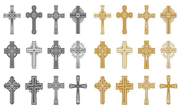 Set of isolated black and yellow religion cross Set of isolated black and yellow religion cross or catholic, orthodox sign. Religious glowing, shining symbol.Icon for faith or logo for easter. God, Jesus badge. Gothic insignia. Tattoo, crucifixion cross tattoo stock illustrations
