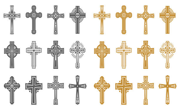 Set of isolated black and yellow religion cross Set of isolated black and yellow religion cross or catholic, orthodox sign. Religious glowing, shining symbol.Icon for faith or logo for easter. God, Jesus badge. Gothic insignia. Tattoo, crucifixion cross shape stock illustrations