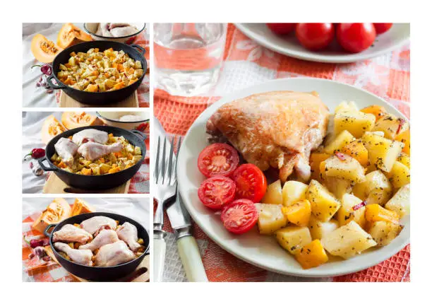 Collage of images of cooking one-pot meal - chicken thighs and legs with potatoes and pumpkin baked in cast-iron pan