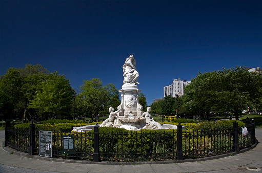 Bronx, New York/USA - May 21, 2019: Lorelei fountain known as  Heinrich Heine memorialn in Joyce Kilmer park.