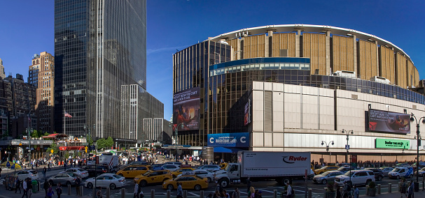 New York, New York/USA - May 21, 2019: Wide angle view of eighth avenue and 33rd street showing Madison Square Garden.