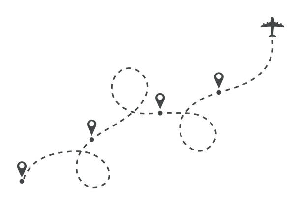 istock Airplane dotted route line. Flight tourism route path, plane flights itinerary starting pin to destination point or pathway map. Dashed airplane flights start track vector illustration 1193772775