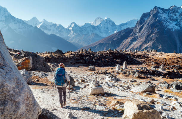 junge backpackerinnen folgen der everest base camp trekkingroute mit trekkingstöcken und genießen den blick auf das tal mit dem gipfel ama dablam. sie kam zum everest memorial für verlorene bergsteiger (4800m) - mountain pass stock-fotos und bilder