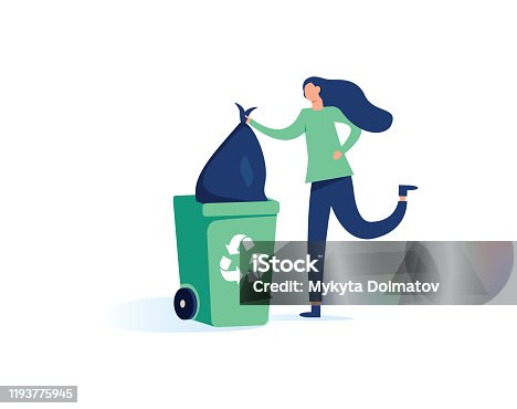 istock Happy woman throws away trash into green trash bin with recycling symbol. Vector illustration isolated from background. 1193775945