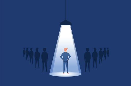 Business hiring and recruitment vector concept with spotlight on one person from crowd. Career opportunity symbol. Selection and individual talent searching. HR businerr human recruitment Illustration
