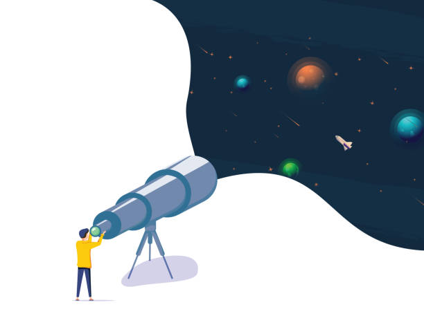 望遠鏡で夜の星空を見ている男。天文学科学趣味、孤立イラストレーション。男は星を見て - 好奇心点のイラスト素材／クリップアート素材／マンガ素材／アイコン素材