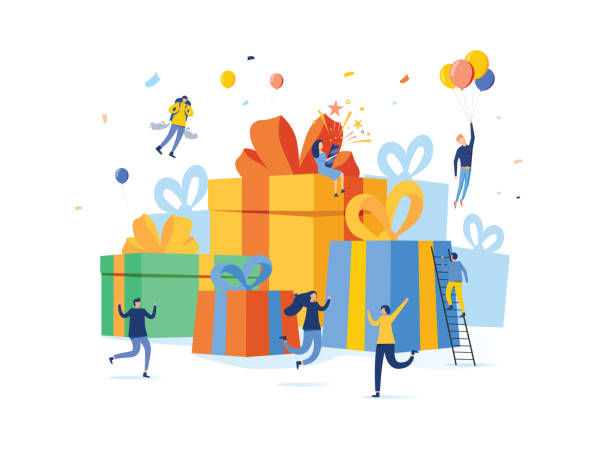 illustrations, cliparts, dessins animés et icônes de groupe de personnes heureuses avec la pile de grande boîte de cadeau, récompense en ligne, concept d'illustration de vecteur, peut employer pour la page de destination - cadeaux