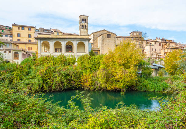 Rieti (Sabina, Italy) The historic center of the Sabina's provincial capital, under Mount Terminillo and crossed by the river Velino, during the autumn with foliage. rieti stock pictures, royalty-free photos & images