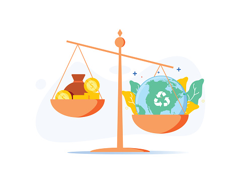 Scale with wealth and cash money on a plate and people world, environment on the other, balancing business profits and human rights. Concept of ecology problem, green energy, earth important.
