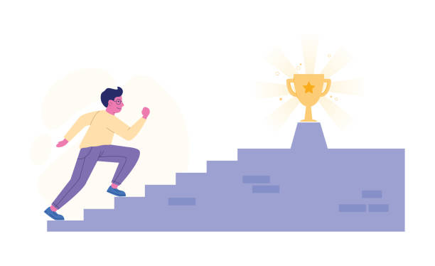 ilustraciones, imágenes clip art, dibujos animados e iconos de stock de joven adulto subiendo las escaleras con copa dorada en la parte superior a su meta. progresión profesional, alcanzar el objetivo - businesswoman winning competition staircase