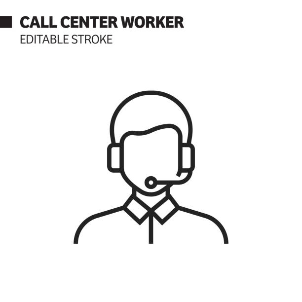 ilustrações, clipart, desenhos animados e ícones de ícone da linha do trabalhador do centro de chamada, ilustração do símbolo do vetor do esboço. pixel perfeito, curso editável. - telemarketing