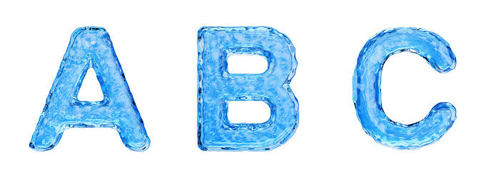 Uppercase letters A, B and C made by water isolated on white background