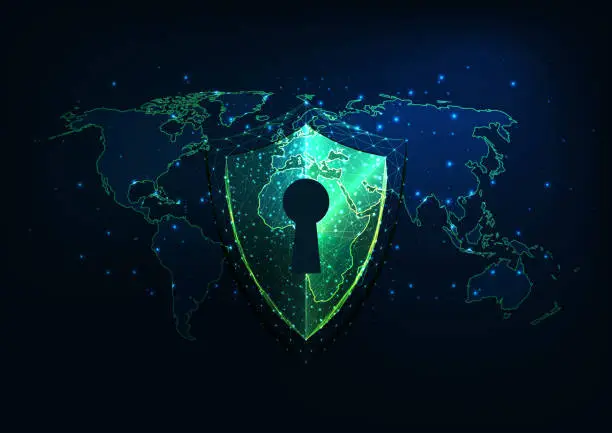 Vector illustration of Futuristic cyber security concept with glowing low polygonal shield with access and world map.