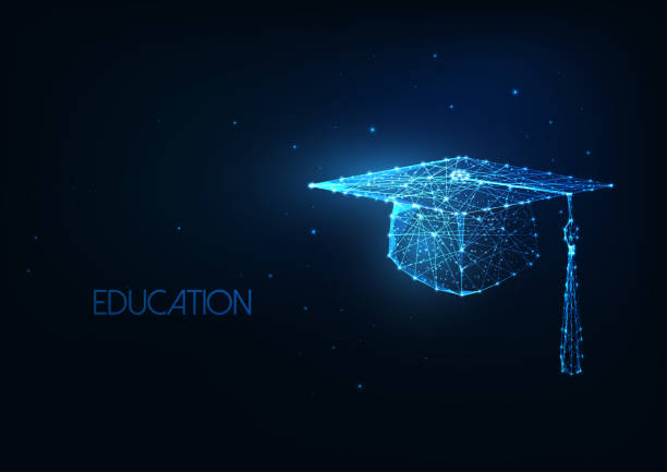 футуристическая образовательная концепция с светящейся низкой полигональной выпускной шляпой на темно-синем фоне. - alumnus stock illustrations