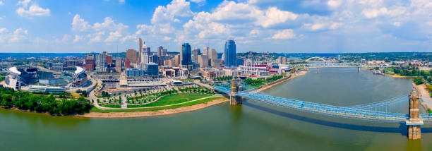 Cincinnati Ohio skyline with John Roebling bridge  aerial view summer