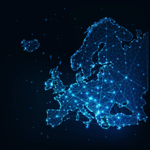 ilustraciones, imágenes clip art, dibujos animados e iconos de stock de europa futurista perfila el mapa de conectividad con líneas, estrellas, triángulos, marco de partículas de luz. - europa