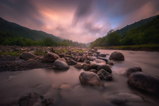Beautiful long exposure of a river in Georgia. Caucasus Mountains