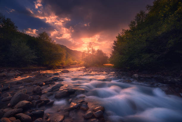 istock beautiful sunrise over fast flowing mountain river 1193786567
