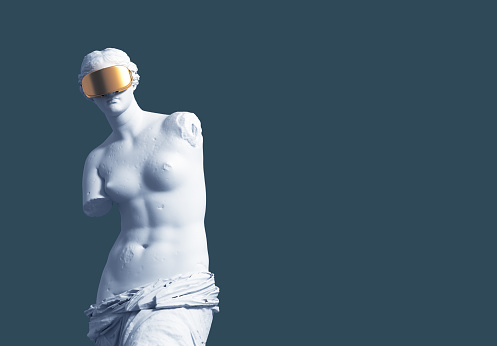 3D Model Aphrodite With Golden Virtual Reality Glasses On Blue Background. Concept Of Art And Virtual Reality. 3D Illustration.