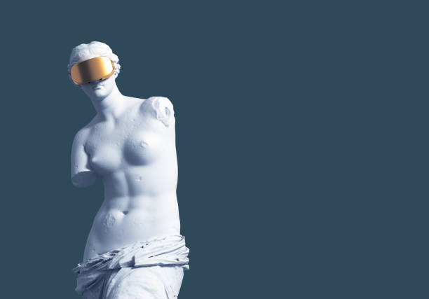 3D Model Aphrodite With Golden Virtual Reality Glasses On Blue Background. Concept Of Art And Virtual Reality. stock photo