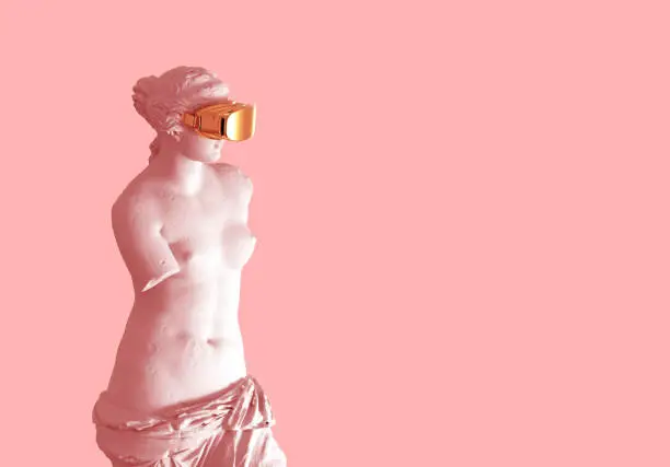 Photo of 3D Model Aphrodite With Golden Virtual Reality Glasses On Pink Background.