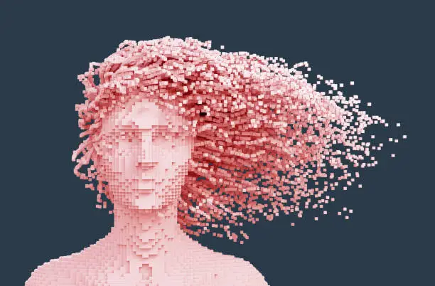 Photo of Pink Pixelated Head Of Woman And 3D Pixels As Hair On Blue Background