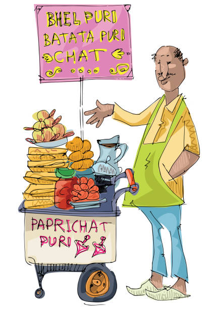 indian street food vendor indian street food vendor is selling traditional indian dish BHEL PURI - cartoon hiking snack stock illustrations
