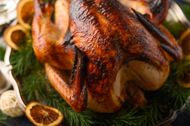 istock Christmas and New Year. Holiday turkey, on a served table, recipes, horizontal frame 1193794606