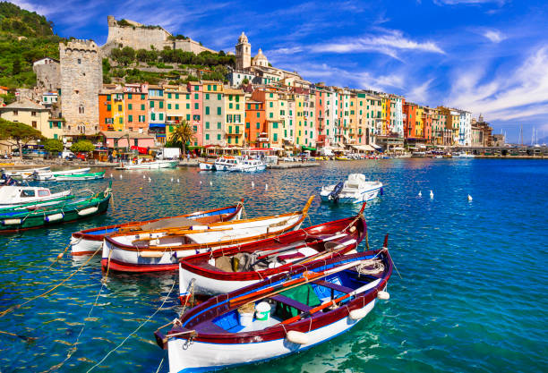 Famous "Cinque terre" in Italy - beautiful POrtovenere fishing village in Liguria wonderful famous villages of Cinque terre in Liguria. popular tourist attraction in Italy liguria photos stock pictures, royalty-free photos & images