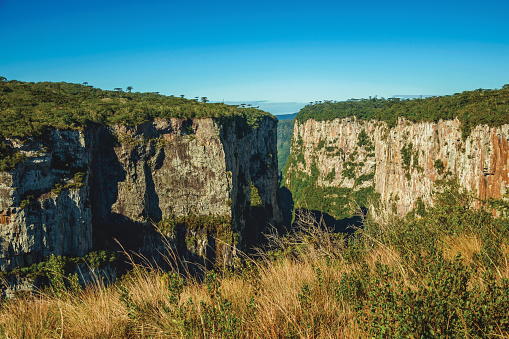 Itaimbezinho Canyon with steep rocky cliffs going through a flat plateau covered by forest near Cambara do Sul. A small country town in southern Brazil with amazing natural tourist attractions.