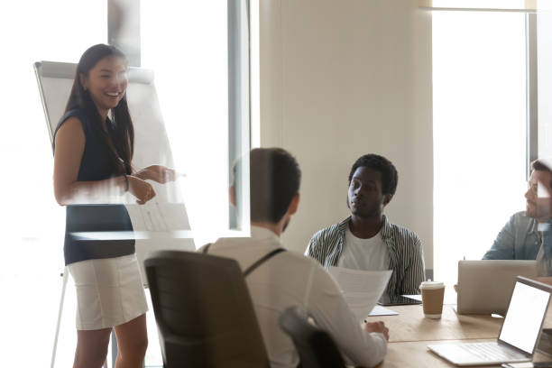 istock Millennial Asian female make whiteboard presentation at briefing 1193802355