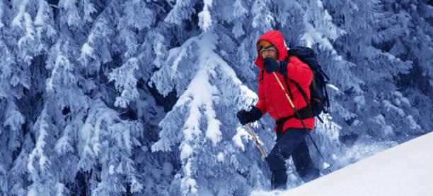 istock Hiker makes his way on snowy slope in snow-covered magic forest 1193803788