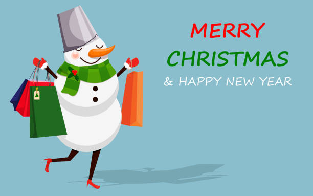 istock Snowman with shopping bags on blue background. Christmas background in flat design vector illustration. 1193803892