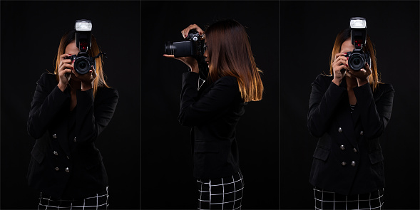 Woman Photographer hold camera dslr external flash point to shoot subject, wear black suit blazzer and turn side over black background, reporter journalist take photo celebrity, collage group concept