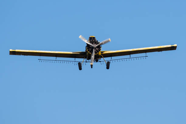 istock Yellow Crop Dusting Plane Flying in a Blue Sky 1193804680