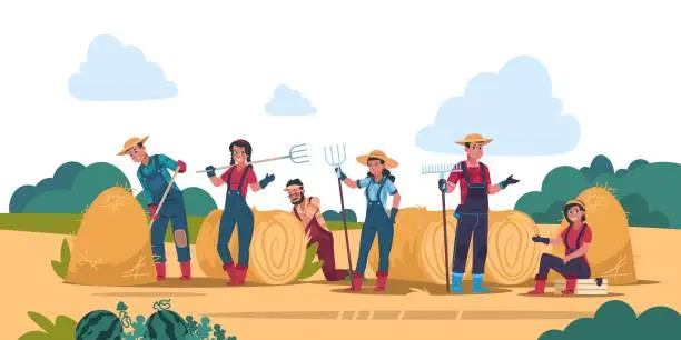 Vector illustration of Agricultural work concept. Cartoon farmer characters working in fields, harvesting and cropping. Vector organic eco food background
